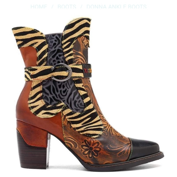 Trubelle Boho Handcrafted Leather & Tiger Print Booties Size 10 - Picture 13 of 16